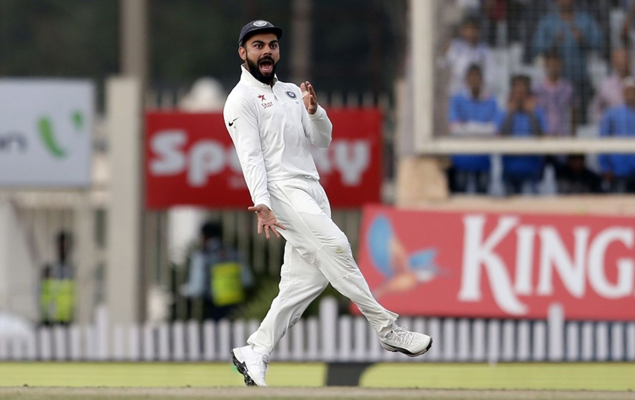 Virat Kohli is visibly pleased after Ravindra Jadeja took a wicket off the day's last ball, India v Australia, 3rd Test, Ranchi, 4th day, March 19, 2017