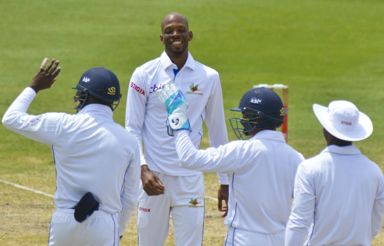 Roston Chase celebrates one of his seven wickets, Barbados v Windward Islands Regional 4 Day Tournament 2016-17, Barbados, 3rd day, March 19, 2017
