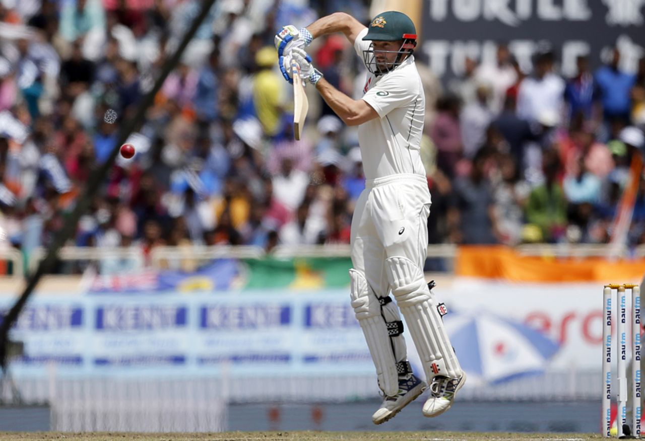 Shaun Marsh leaps to play a short ball, India v Australia, 3rd Test, Ranchi, 5th day, March 20, 2017
