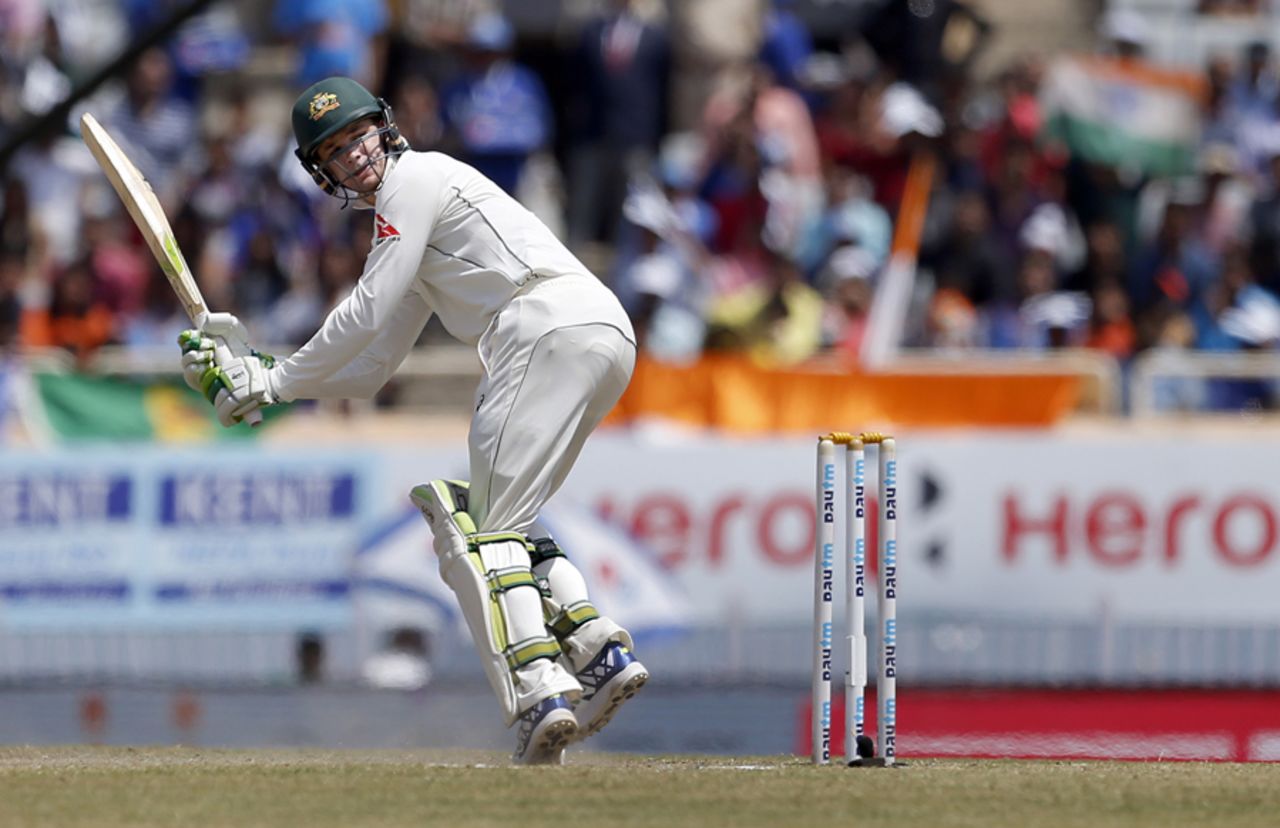 Peter Handscomb looks to play the ball fine, India v Australia, 3rd Test, Ranchi, 5th day, March 20, 2017