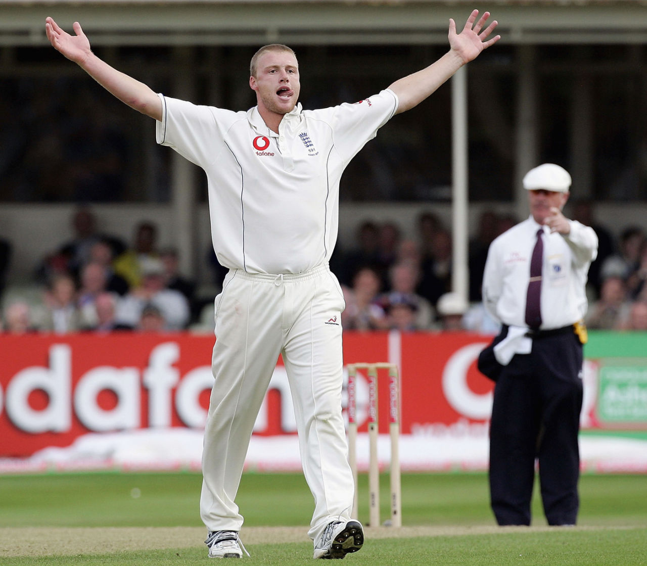 Andrew Flintoff raises his arms in celebration, England v Australia, 2nd Test, Edgbaston, 2nd day, August 5, 2005