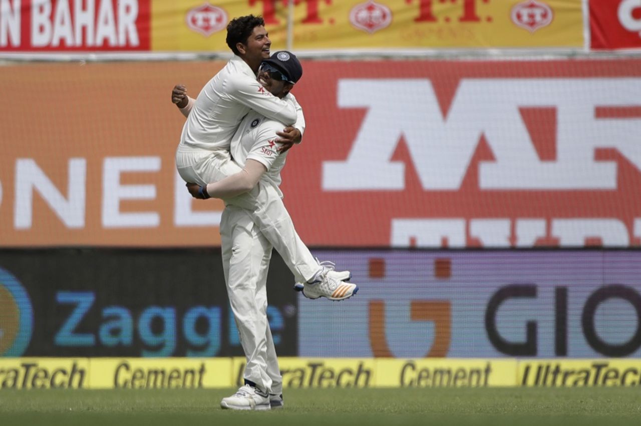 The Yadavs, Umesh and Kuldeep, celebrate a wicket, India v Australia, 4th Test, Dharamsala, 1st day, March 25, 2017