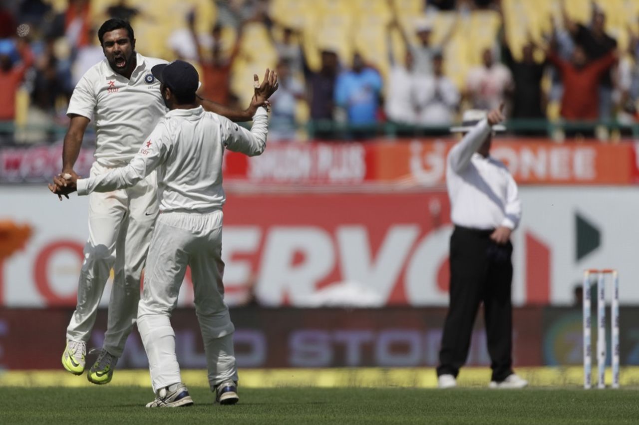 R Ashwin celebrates after dismissing Steven Smith, India v Australia, 4th Test,  Dharamsala, 1st day,  March 25, 2017