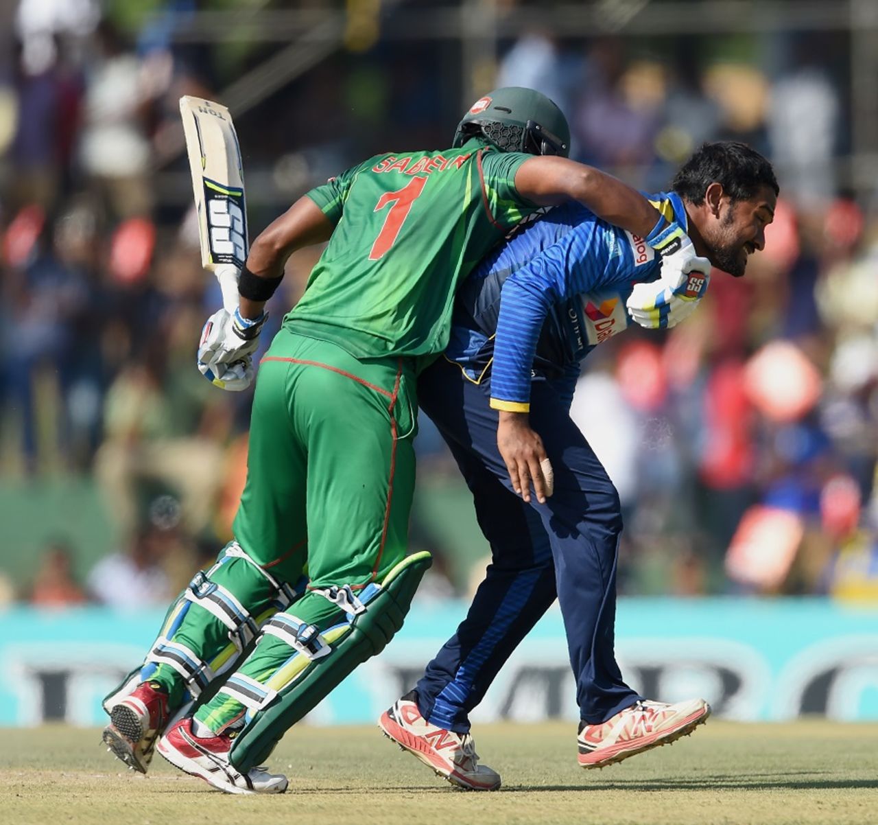 Collision course: Sabbir Rahman bangs into Sachith Pathirana while taking a run, Sri Lanka v Bangladesh, 1st ODI, Dambulla, March 25, 2017