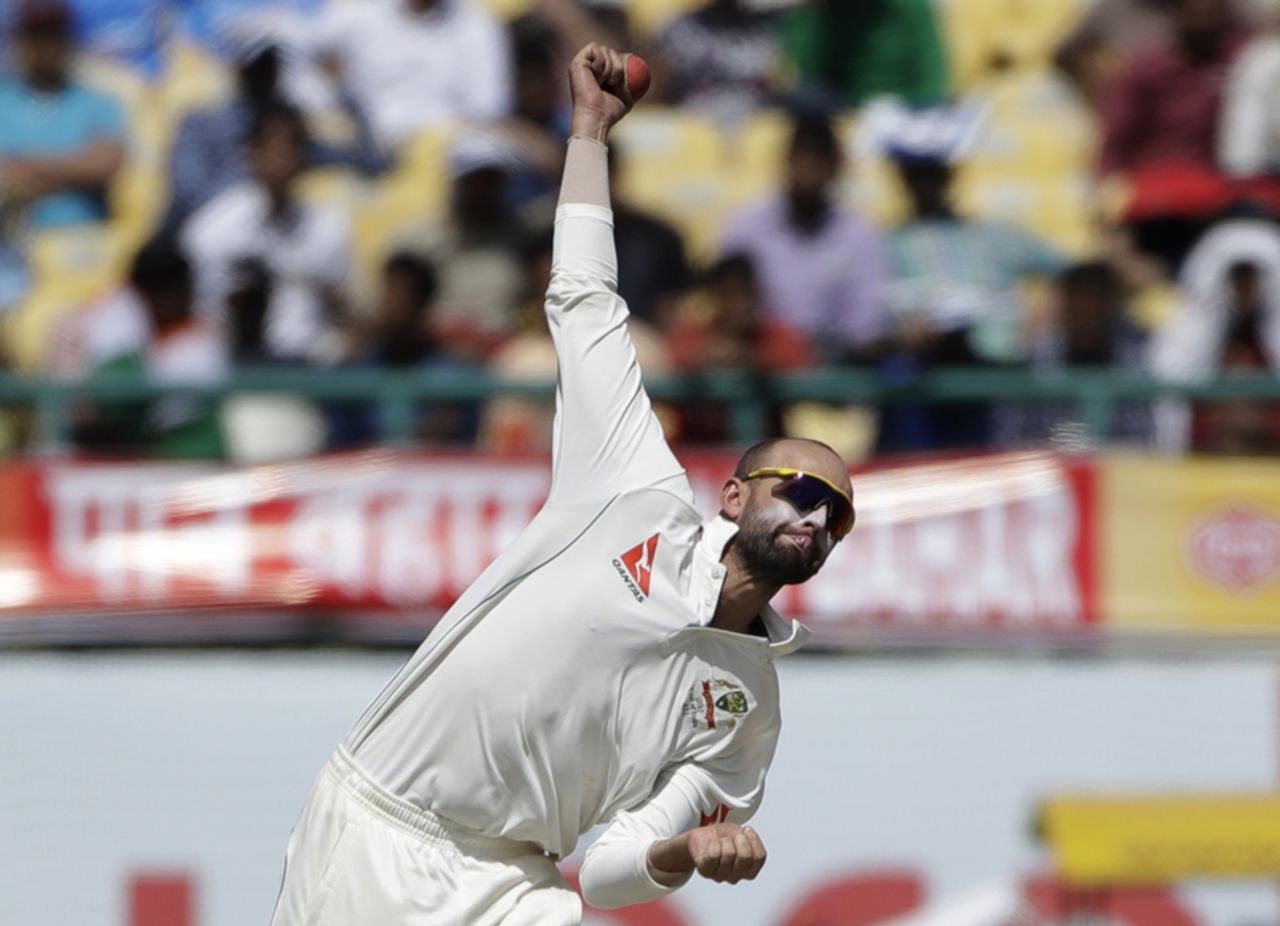 Nathan Lyon in his delivery stride, India v Australia, 4th Test, Dharamsala, 2nd day, March 26, 2017