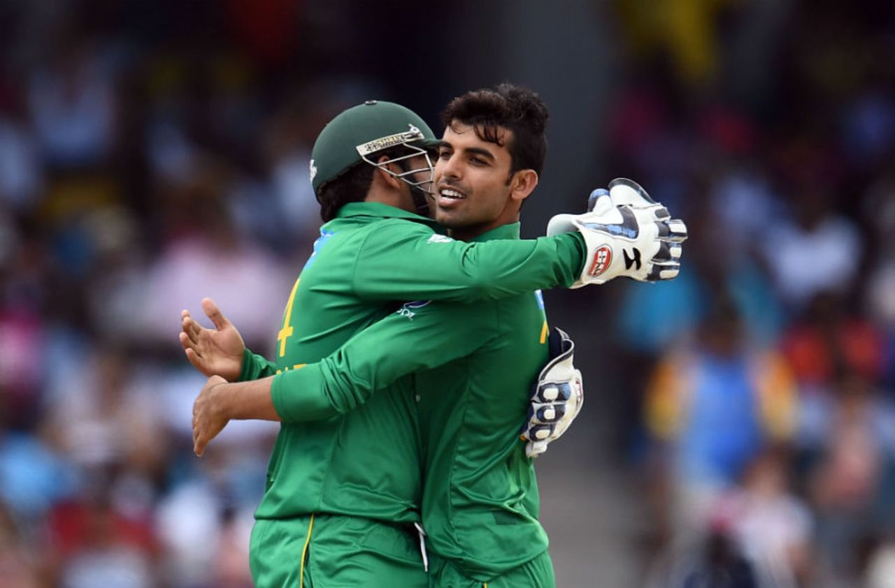 Debutant Shadab Khan is given a bear hug by his captain, West Indies v Pakistan, 1st T20I, Bridgetown, March 26, 2017