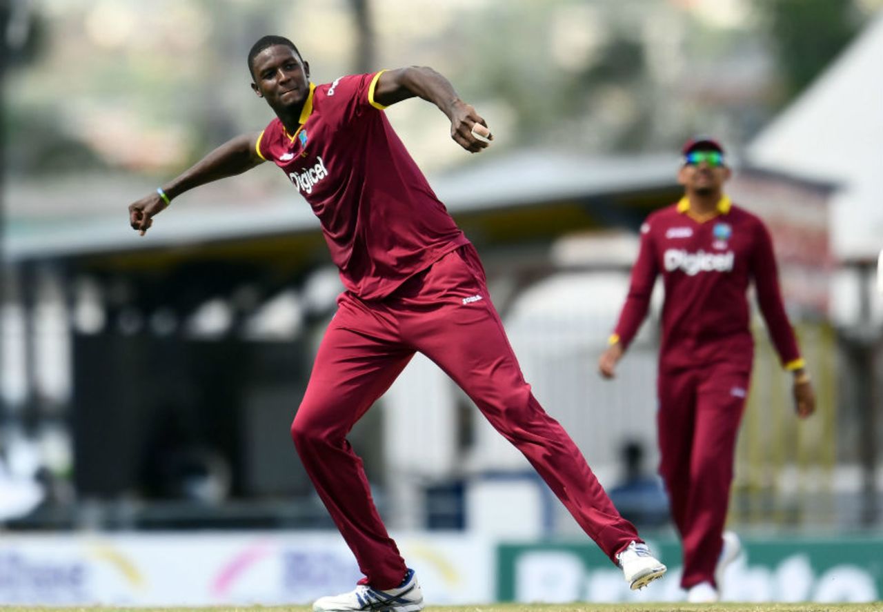 Jason Holder is pumped after getting the wicket of Ahmed Shehzad, West Indies v Pakistan, 1st T20I, Bridgetown, March 26, 2017