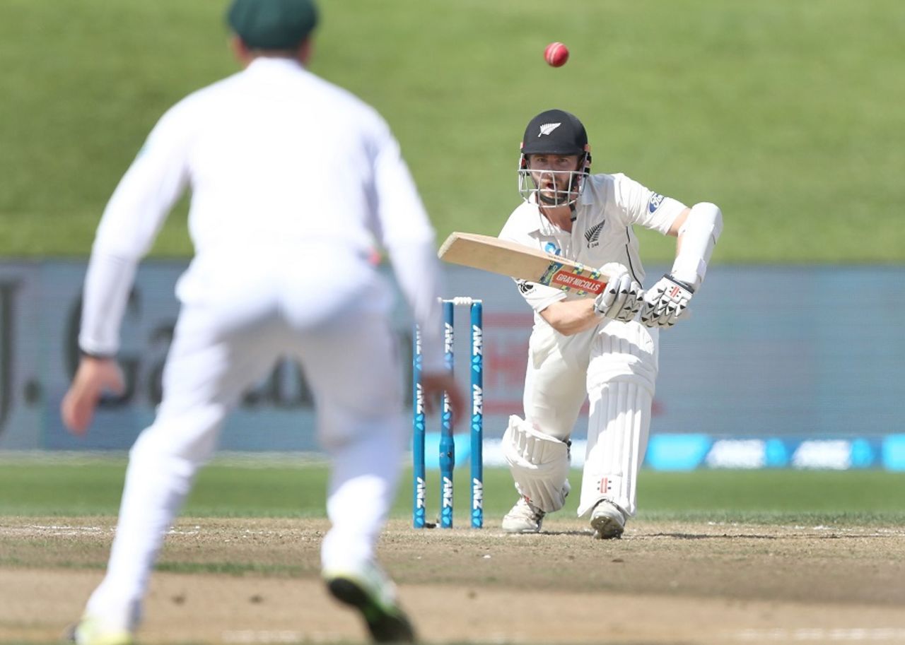 Kane Williamson taps the ball to mid-off, New Zealand v South Africa, 3rd Test, Hamilton, 3rd day, March 27, 2017