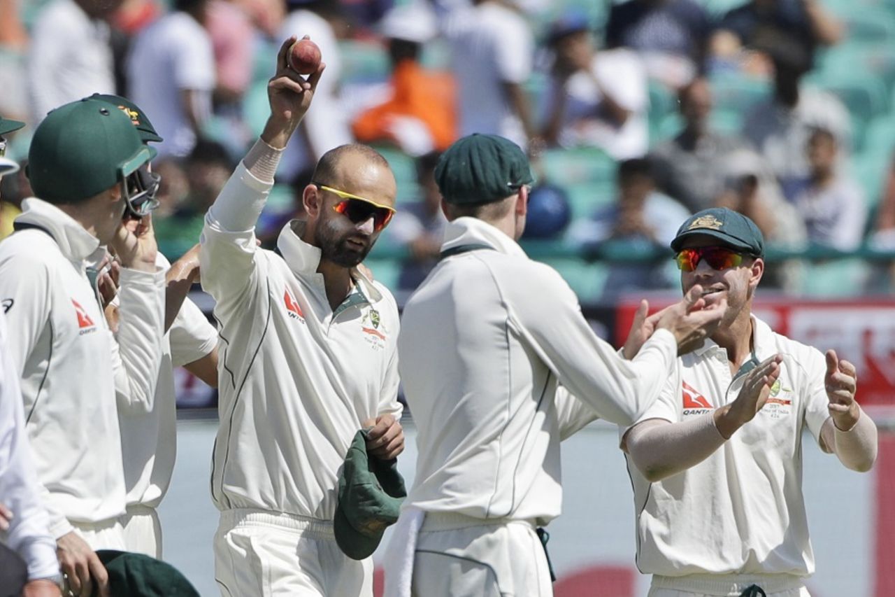 Nathan Lyon flaunts the game-ball after competing a five-wicket haul, India v Australia, 4th Test, Dharamsala, 3rd day, March 27, 2017