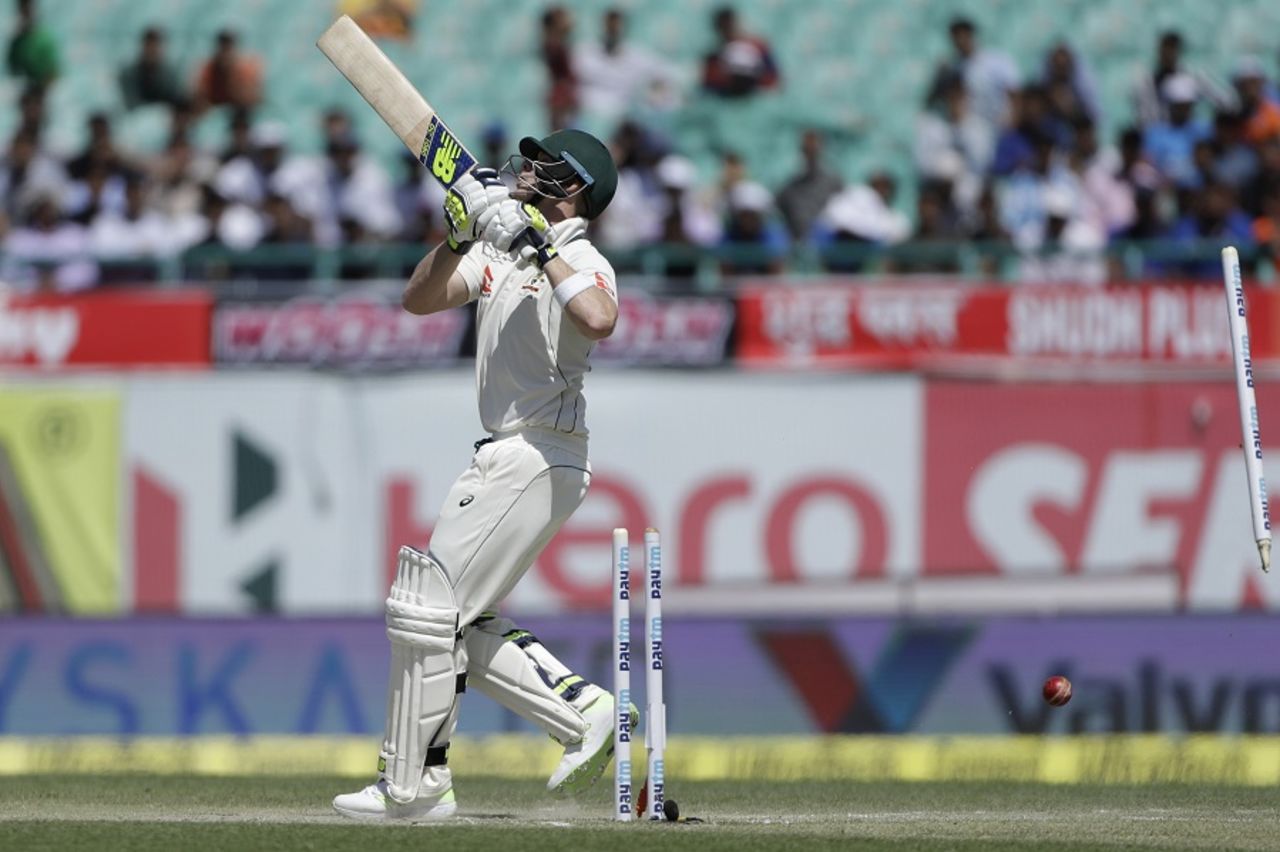 Steven Smith is bowled by Bhuvneshwar Kumar, India v Australia, 4th Test, Dharamsala, 3rd day, March 27, 2017