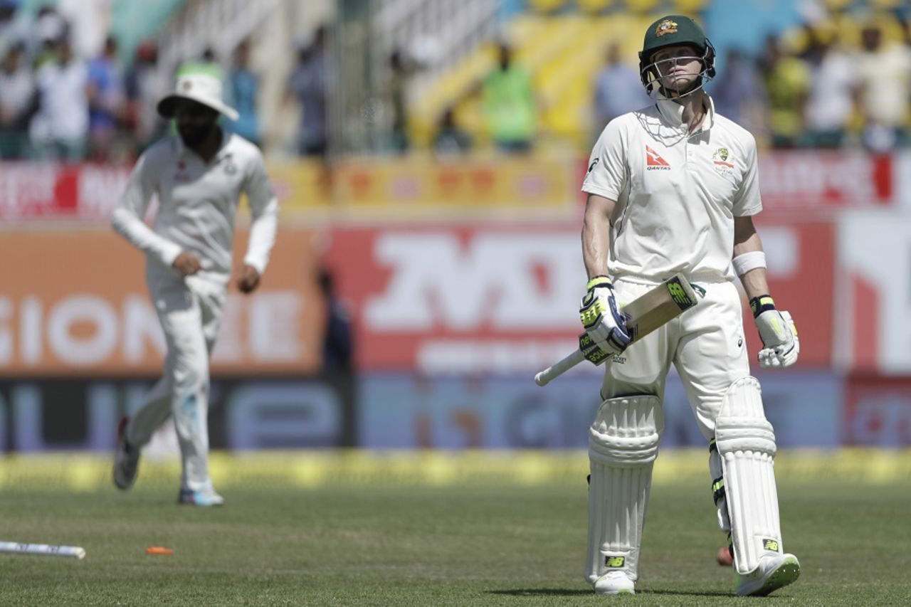 Steven Smith walks back after being bowled, India v Australia, 4th Test, Dharamsala, 3rd day, March 27, 2017
