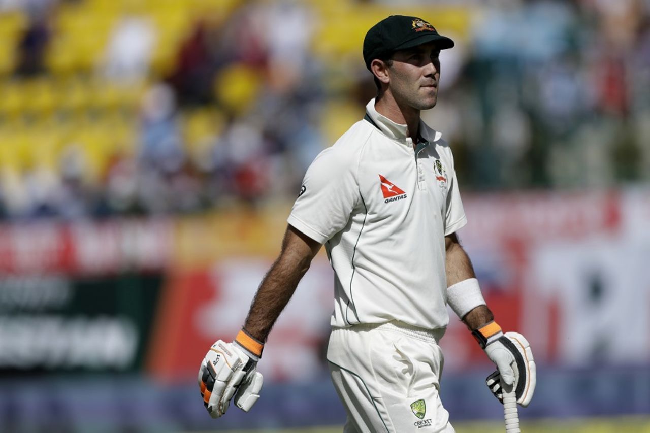 Glenn Maxwell walks off the field after being trapped lbw by R Ashwin, India v Australia, 4th Test, Dharamsala, 3rd day, March 27, 2017