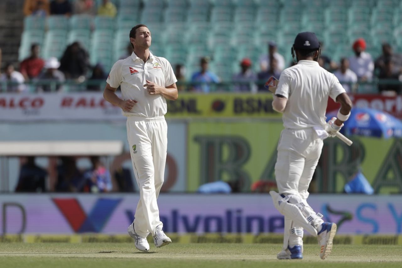 Josh Hazlewood gives his delivery an afterthought, India v Australia, 4th Test, Dharamsala, 4th day, March 28, 2017