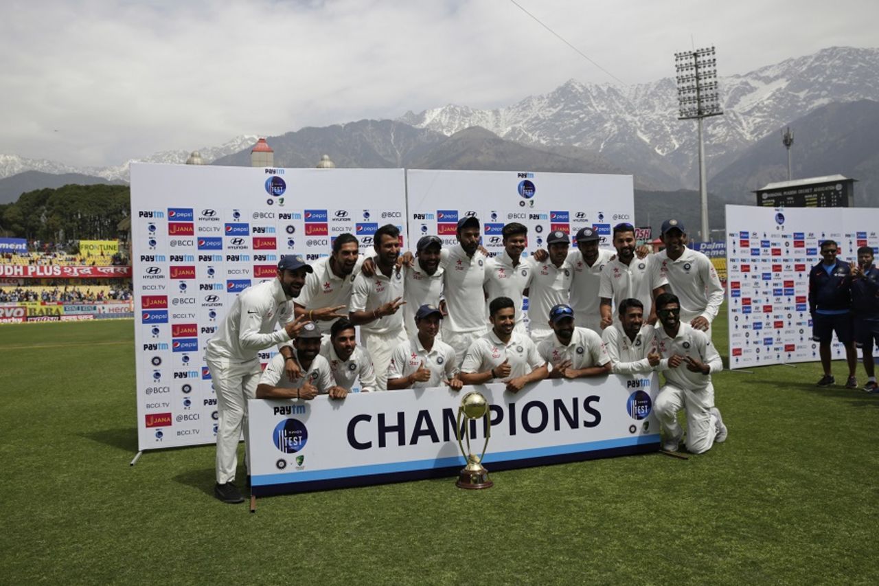 Members of the Indian team gather for a photo with the trophy, India v Australia, 4th Test, Dharamsala, 4th day, March 28, 2017