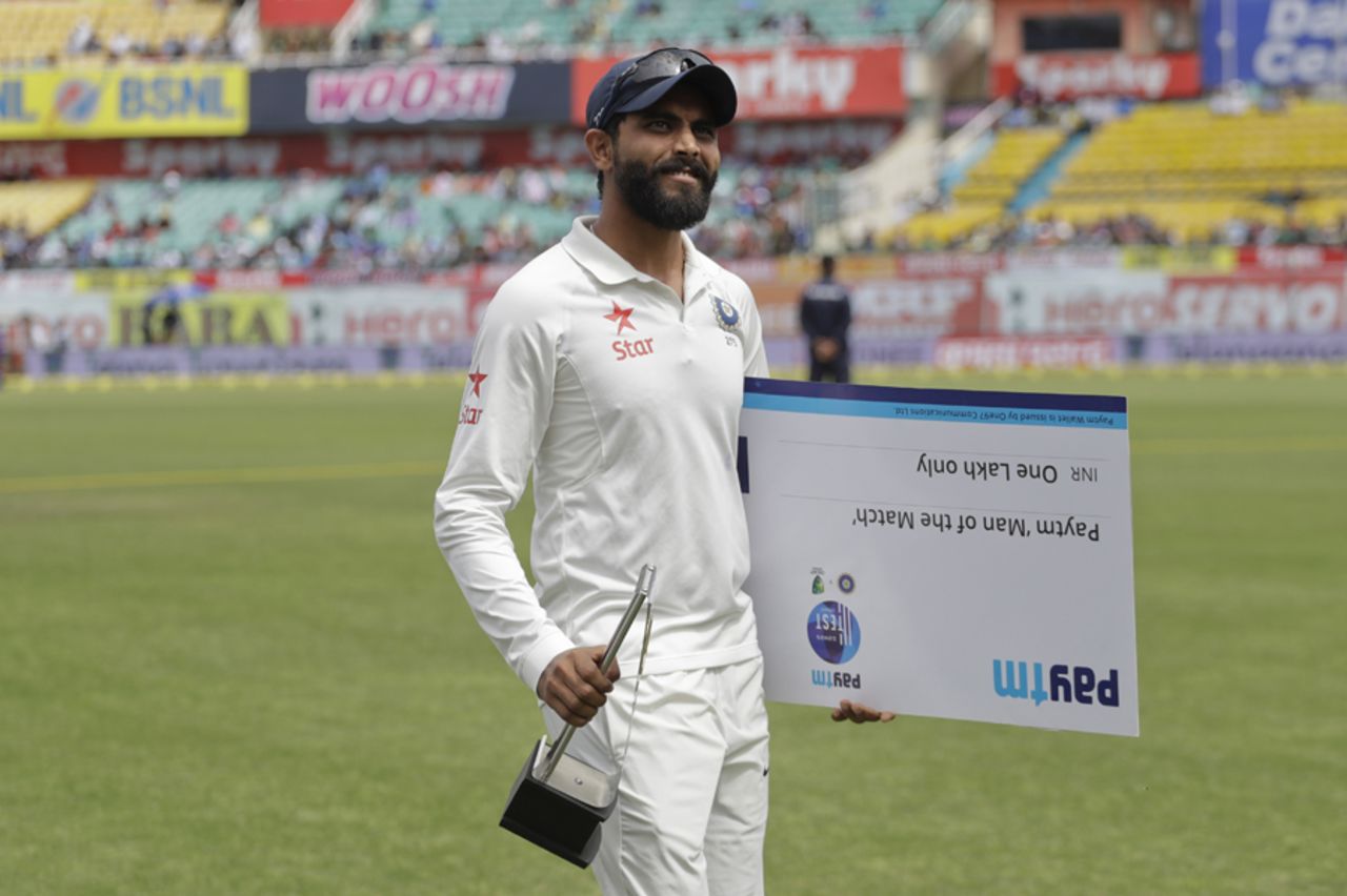 Ravindra Jadeja soaks in the adulation after being adjudged the Player of the Match and Series, India v Australia, 4th Test, Dharamsala, 4th day, March 28, 2017