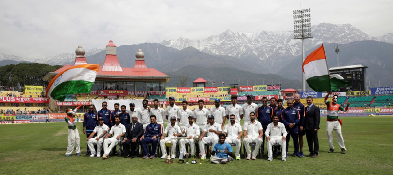 The victorious Indian team pose with their support staff and fans, India v Australia, 4th Test, Dharamsala, 4th day, March 28, 2017