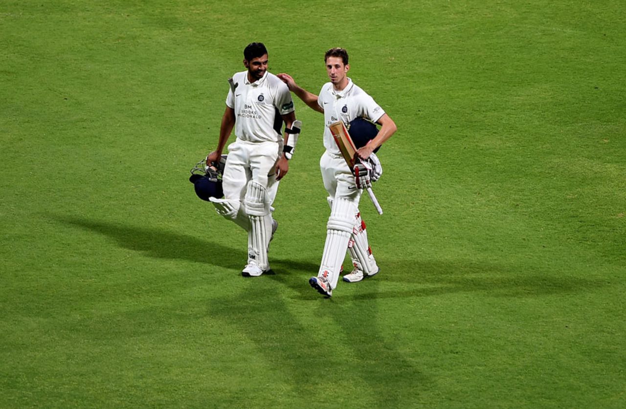 Ravi Patel and John Simpson walk off after securing victory, MCC v Middlesex, 3rd day, Abu Dhabi, March 28, 2017