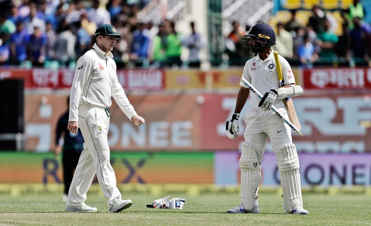 Steven Smith walks over to Ajinkya Rahane, India v Australia, 4th Test, Dharamsala, 4th day, March 28, 2017
