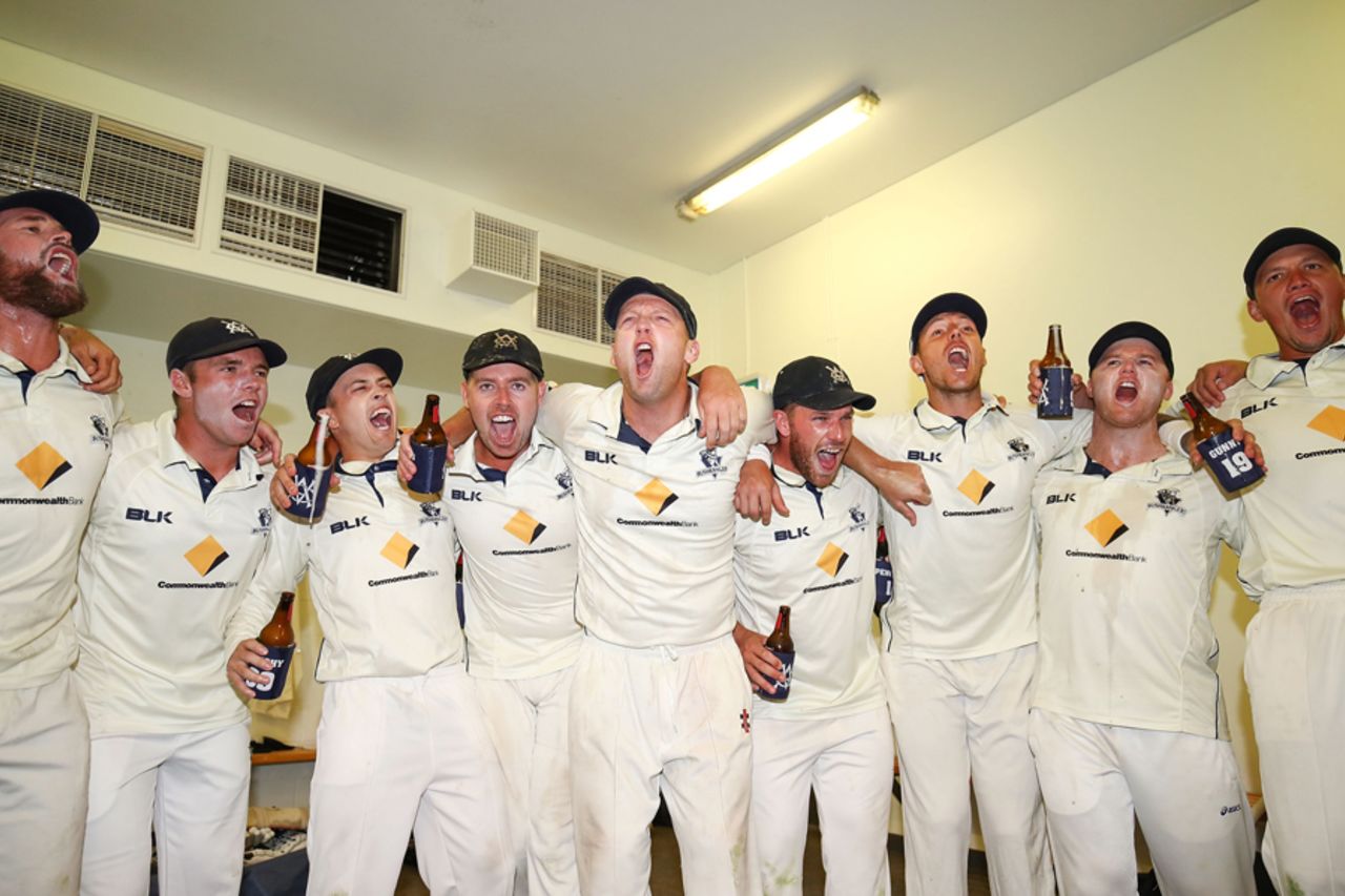 Victoria's players celebrate their victory in the dressing room, Victoria v South Australia, Sheffield Shield final, Alice Springs, 5th day, March 30, 2017