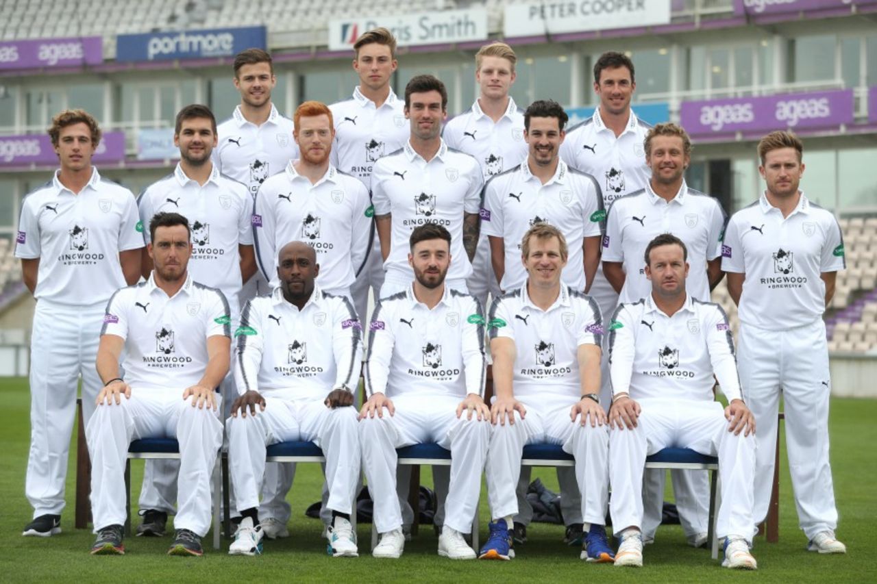 The Hampshire squad, including Kolpak signings Kyle Abbott and Rilee Rossouw, pose on media day, Southampton, March 30, 2017