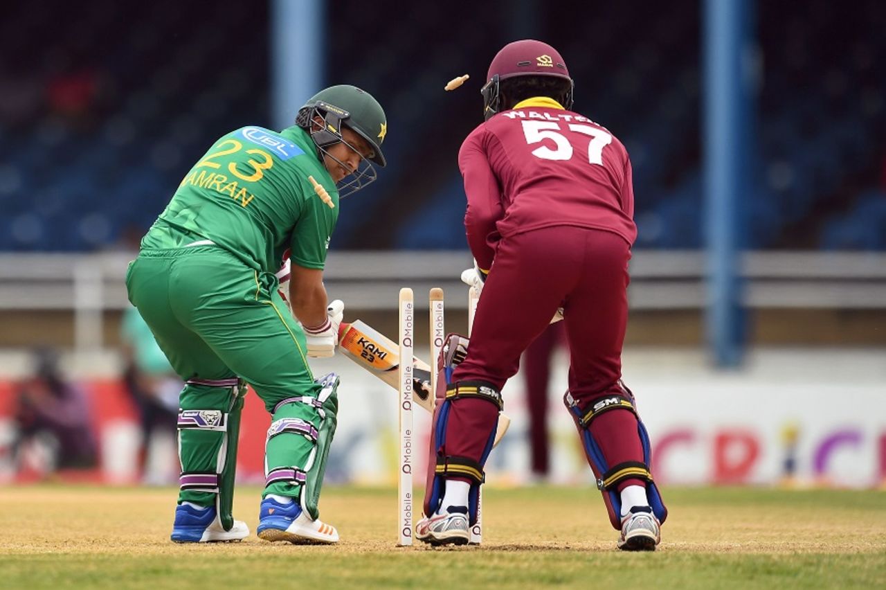 Kamran Akmal was bowled for a duck, West Indies v Pakistan, 2nd T20, Port of Spain, March 30, 2017