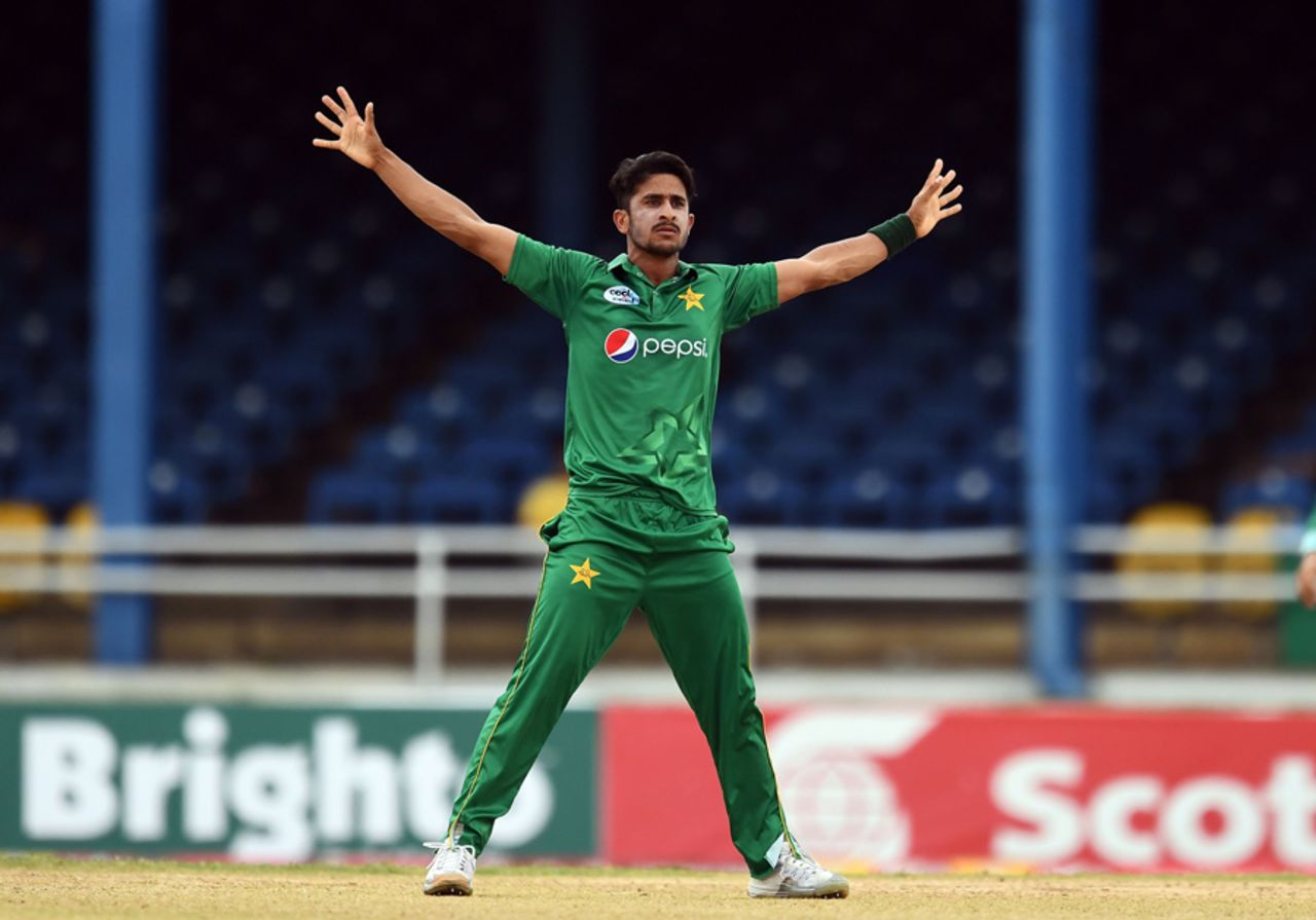 Hasan Ali brings out a celebratory pose after dismissing Lendl Simmons, West Indies v Pakistan, 2nd T20I, Port of Spain, March 30, 2017