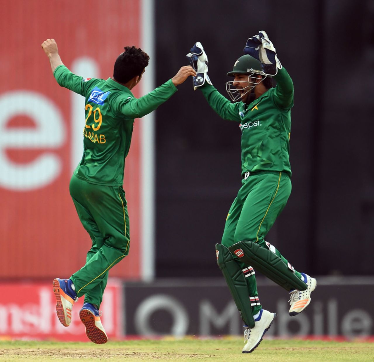 Shadab Khan and Sarfraz Ahmed do a jig after Rovman Powell fell for a duck, West Indies v Pakistan, 2nd T20I, Port of Spain, March 30, 2017