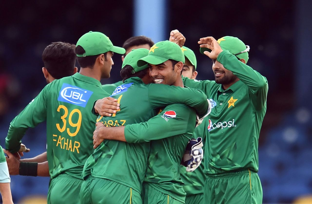 Shadab Khan and Sarfraz Ahmed embrace following the win, West Indies v Pakistan, 2nd T20I, Port of Spain, March 30, 2017