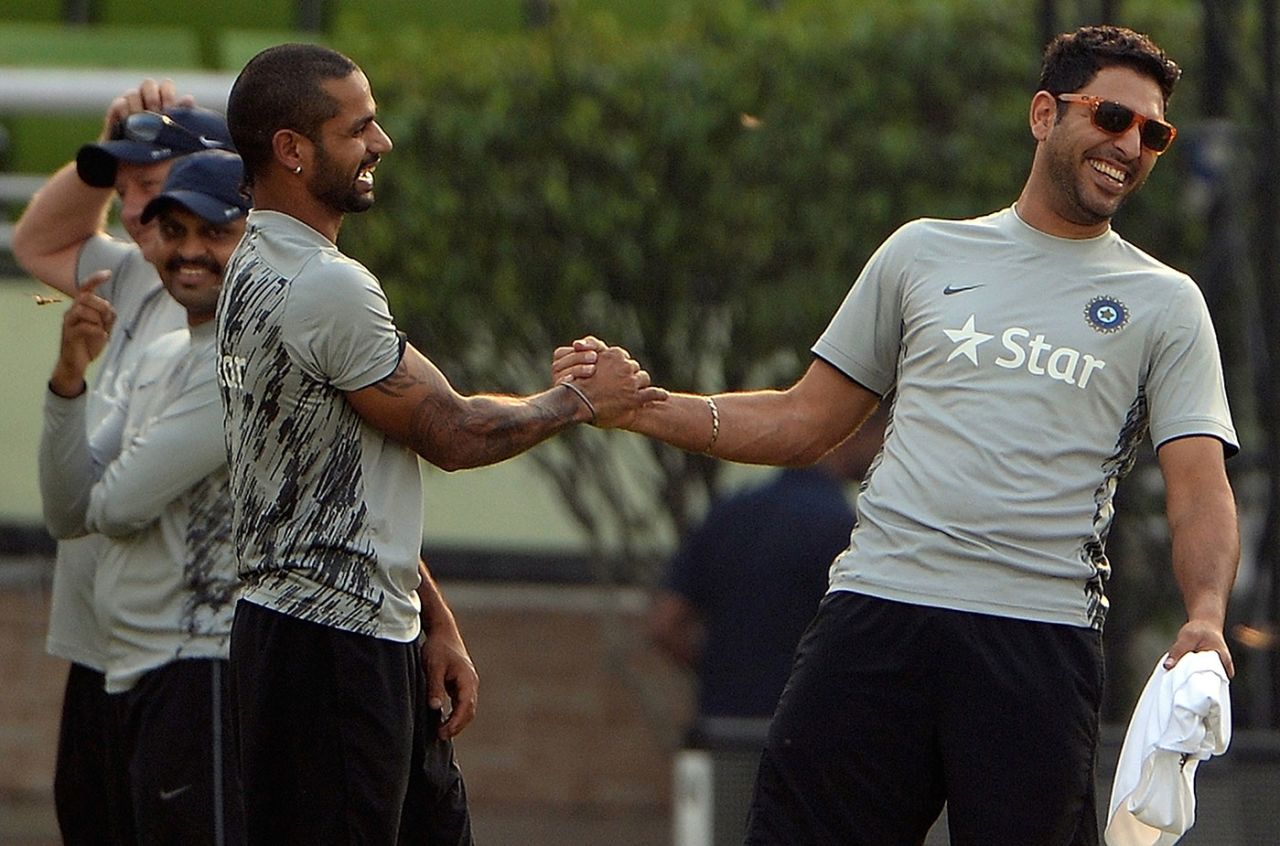Shikhar Dhawan and Yuvraj Singh share a laugh, India v Sri Lanka, World Twenty20 2014, final, Mirpur, April 5, 2014