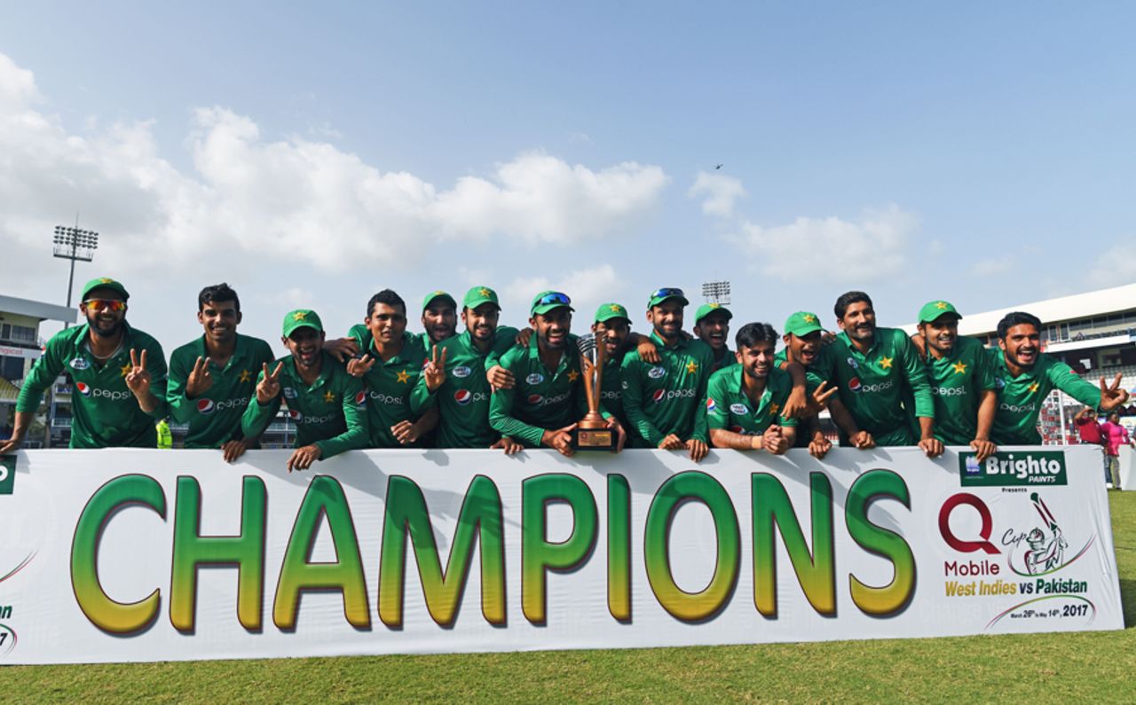 The Pakistan team pose with the series trophy, West Indies v Pakistan, 4th T20I, Port of Spain, April 2, 2017