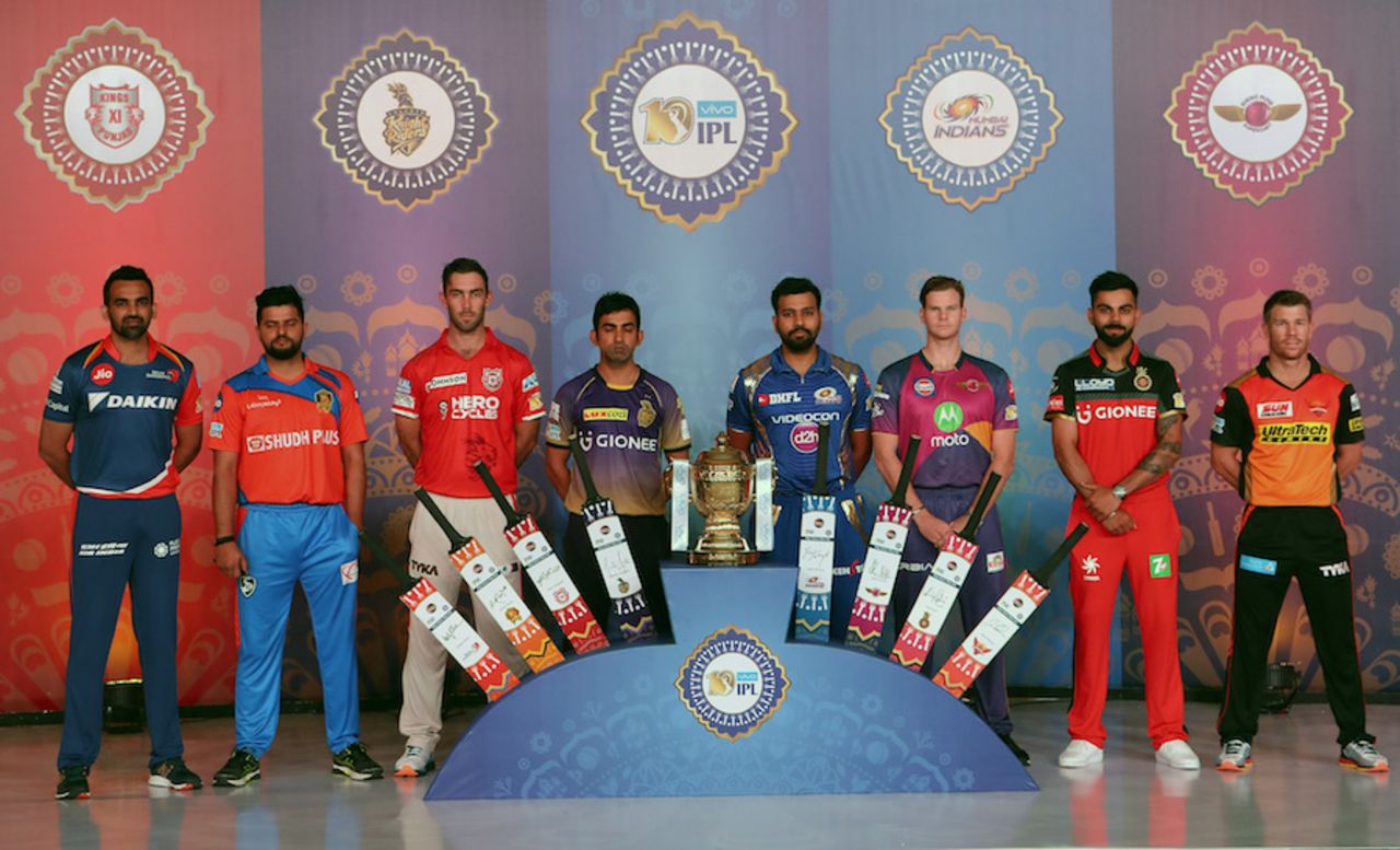 The 2017 IPL captains - Zaheer Khan, Suresh Raina, Glenn Maxwell, Gautam Gambhir, Rohit Sharma, Steven Smith, Virat Kohli and David Warner - at an event in Hyderabad, April 4, 2017