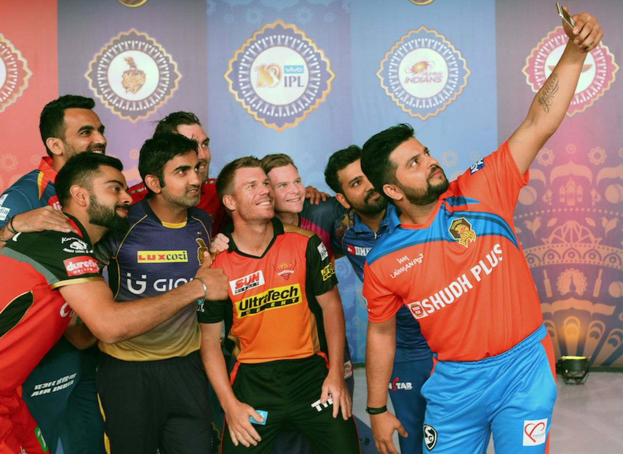 The IPL captains - Zaheer Khan, Suresh Raina, Glenn Maxwell, Gautam Gambhir, Rohit Sharma, Steven Smith, Virat Kohli and David Warner - take a selfie, April 4, 2017