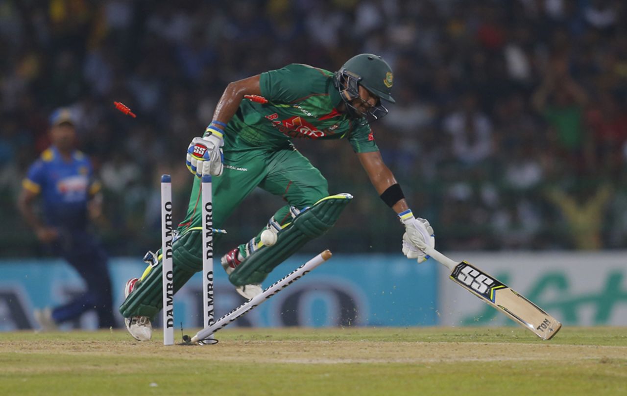 Sabbir Rahman was run out with a direct hit from Seekkuge Prasanna, Sri Lanka v Bangladesh, 1st T20I, Colombo, April 4, 2017