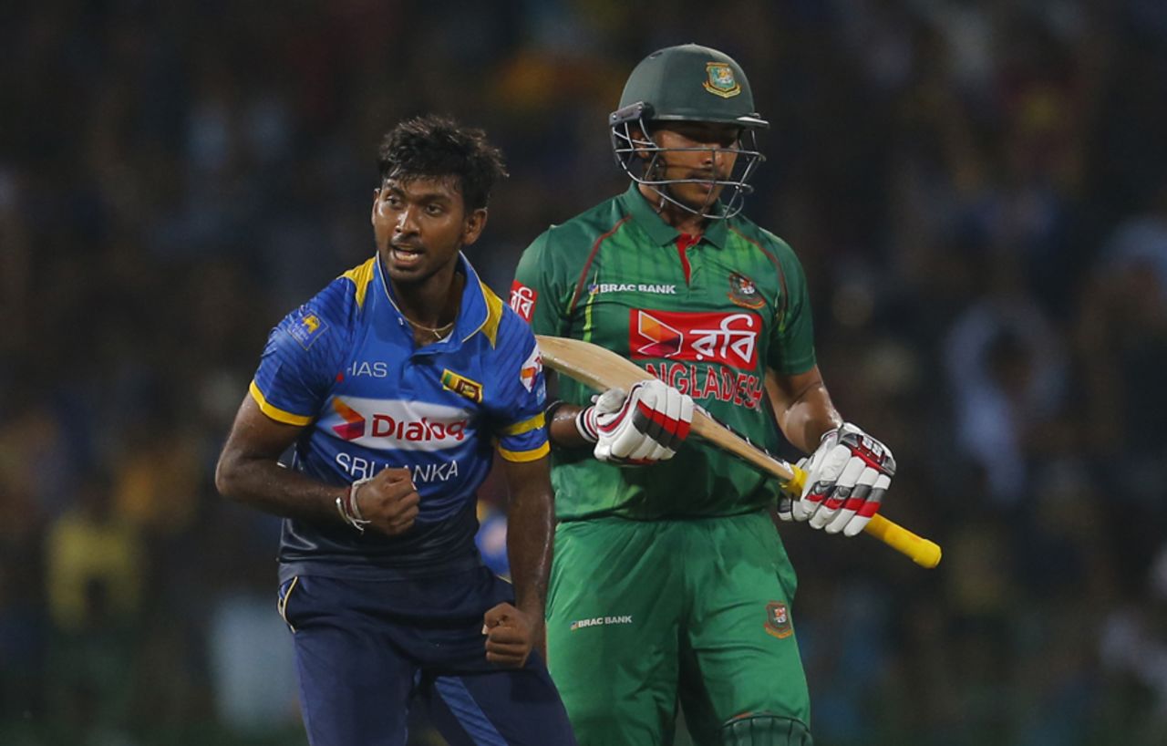 Vikum Sanjaya exults after picking up the wicket of Soumya Sarkar, Sri Lanka v Bangladesh, 1st T20I, Colombo, April 4, 2017