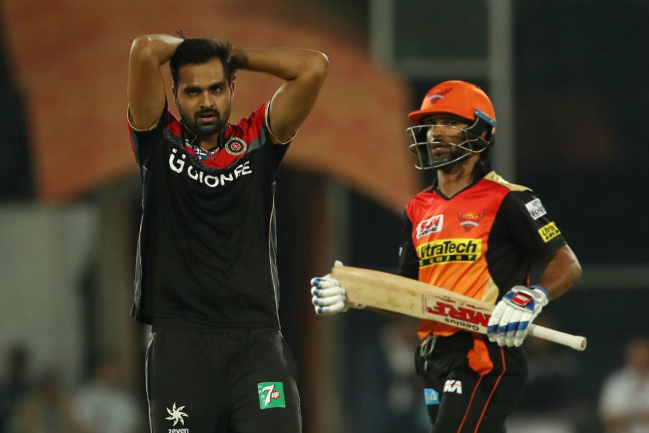 Debutant Aniket Choudhary grimaces as a mistimed hit lands between mid-on and mid-off, Sunrisers Hyderabad v Royal Challengers Bangalore, IPL, Hyderabad, April 5, 2017