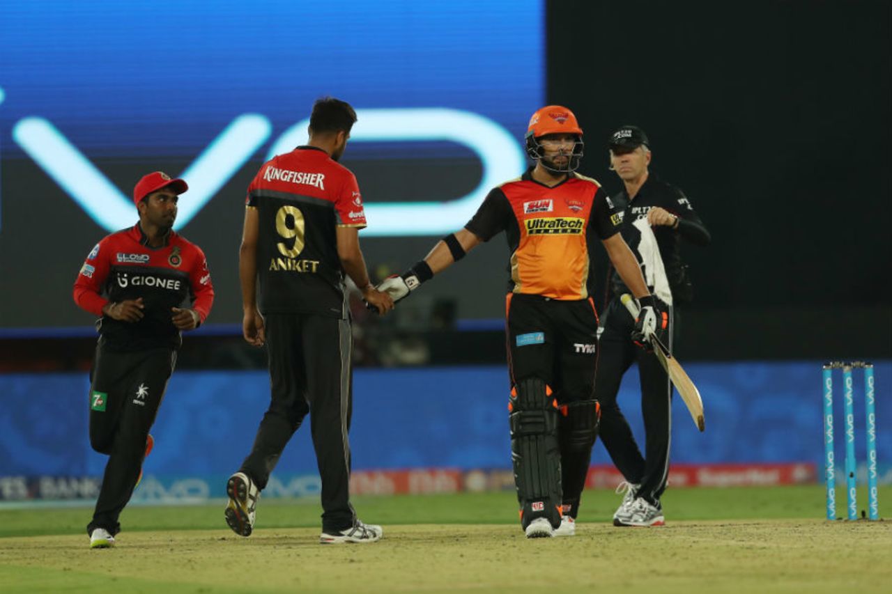 Yuvraj Singh shakes hands with a disconsolate Aniket Choudhary after earning a lifeline, Sunrisers Hyderabad v Royal Challengers Bangalore, IPL, Hyderabad, April 5, 2017