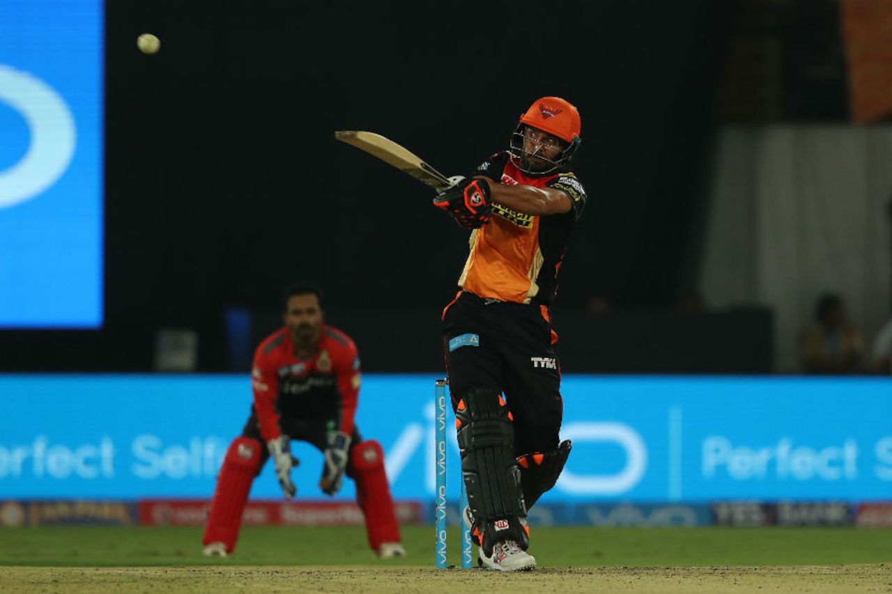 Yuvraj Singh muscles the ball over deep midwicket, Sunrisers Hyderabad v Royal Challengers Bangalore, IPL, Hyderabad, April 5, 2017