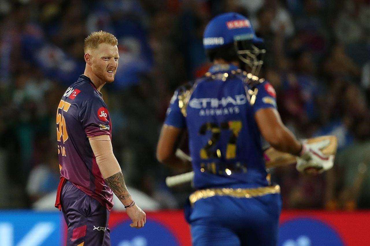 Ben Stokes had a difficult time with the ball on IPL debut, Rising Pune Supergiant v Mumbai Indians, IPL 2017, Pune, April 6, 2017