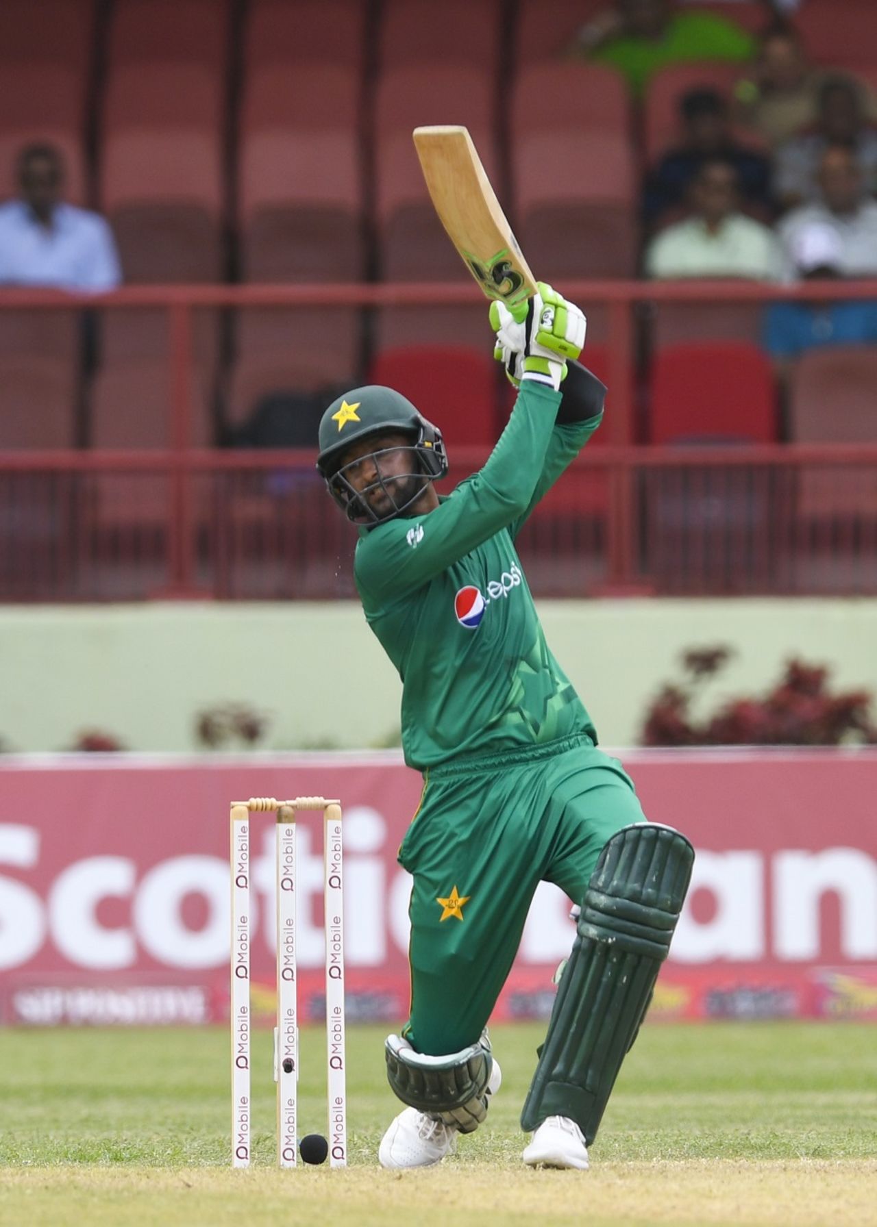 Shoaib Malik launches one over the off side, West Indies v Pakistan, 1st ODI, Guyana, April 7, 2017