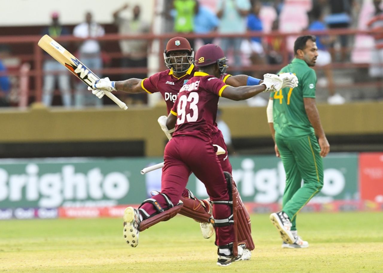 Jason Mohammed and Ashley Nurse are ecstatic after powering West Indies to an improbable win, West Indies v Pakistan, 1st ODI, Guyana, April 7, 2017 