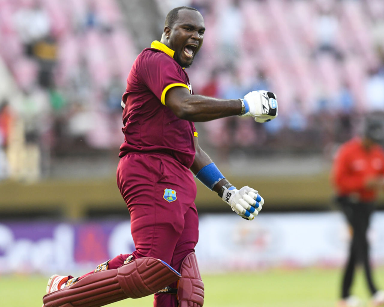 Ashley Nurse pumps his fist after sealing the game for West Indies, West Indies v Pakistan, 1st ODI, Guyana, April 7, 2017