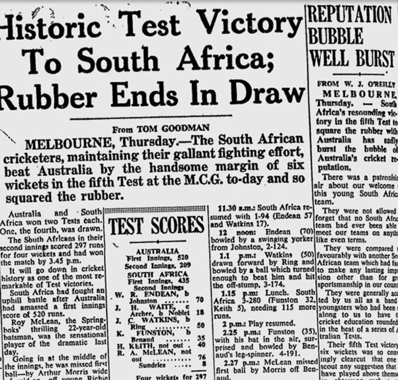 The <i>Sydney Morning Herald</I> reports on South Africa's series-levelling win, Australia v South Africa, 5th Test, Melbourne, February 13, 1953
