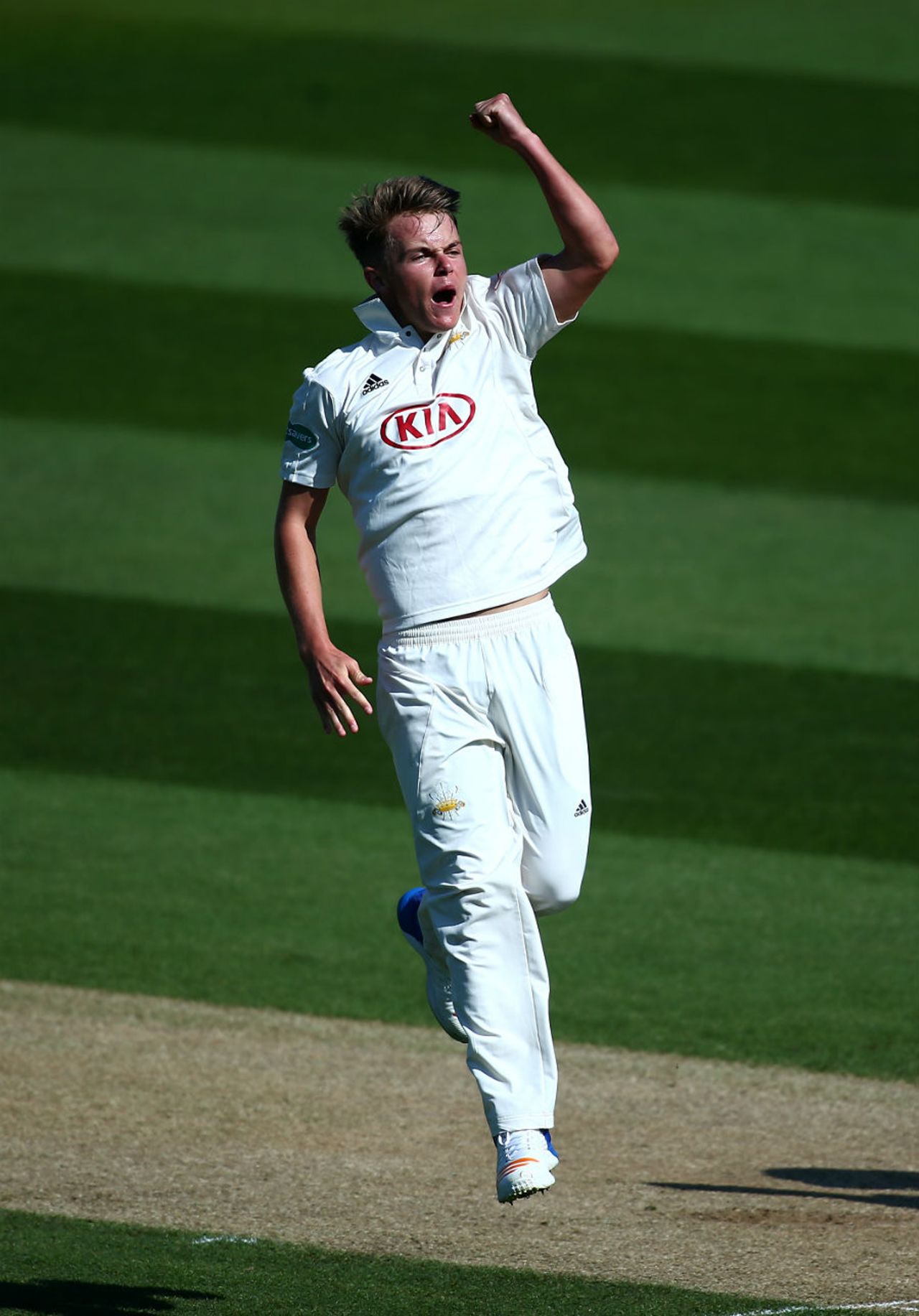 Sam Curran celebrates the wicket of Will Porterfield Surrey v Warwickshire, Specsavers County Championship, 3rd day, The Kia Oval, April 9, 2017