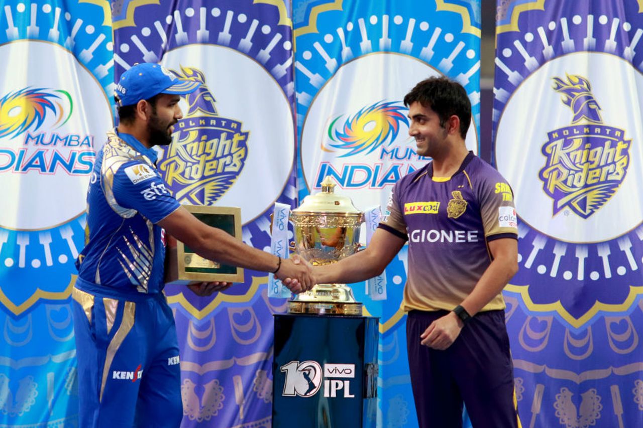 Rohit Sharma and Gautam Gambhir are all smiles at the 'spirit of cricket' oath-taking, Mumbai Indians v Kolkata Knight Riders, Mumbai, IPL, April 9, 2017