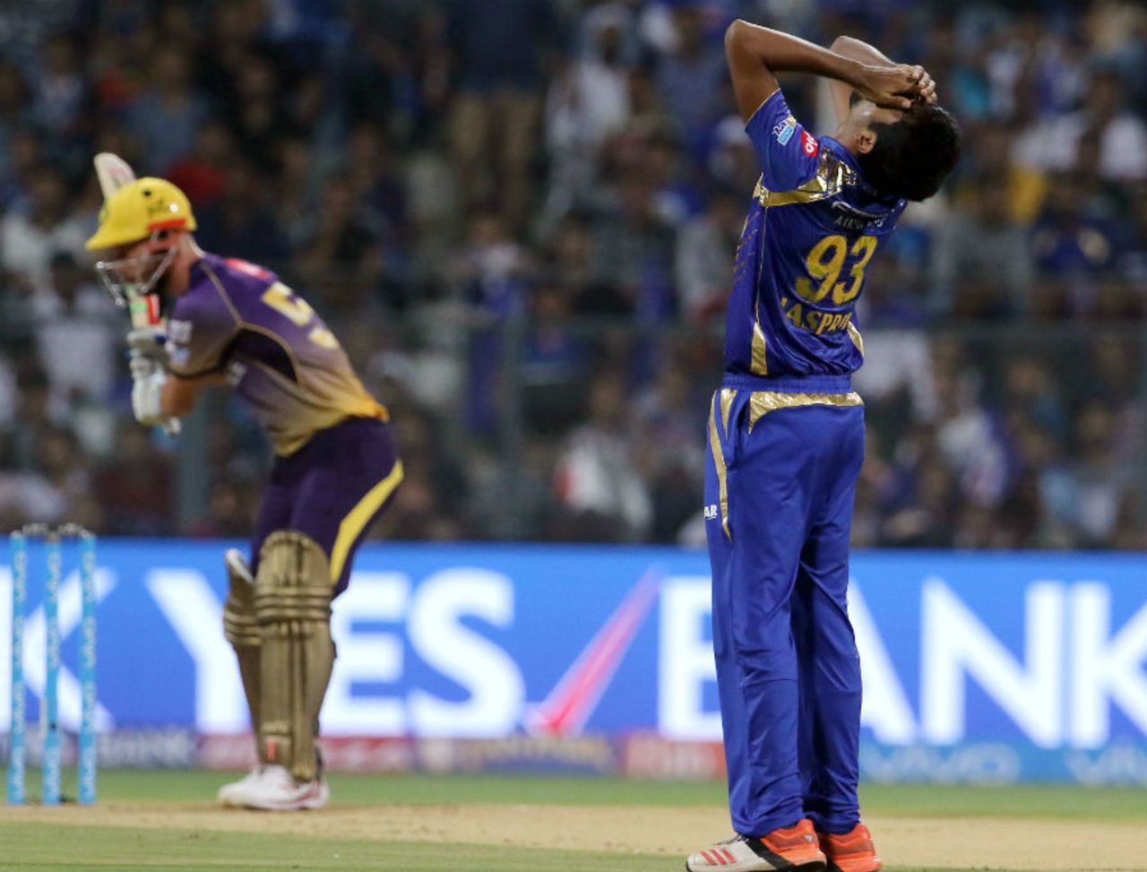 Jasprit Bumrah looks up to the heavens in frustration, Mumbai Indians v Kolkata Knight Riders, Mumbai, IPL, April 9, 2017