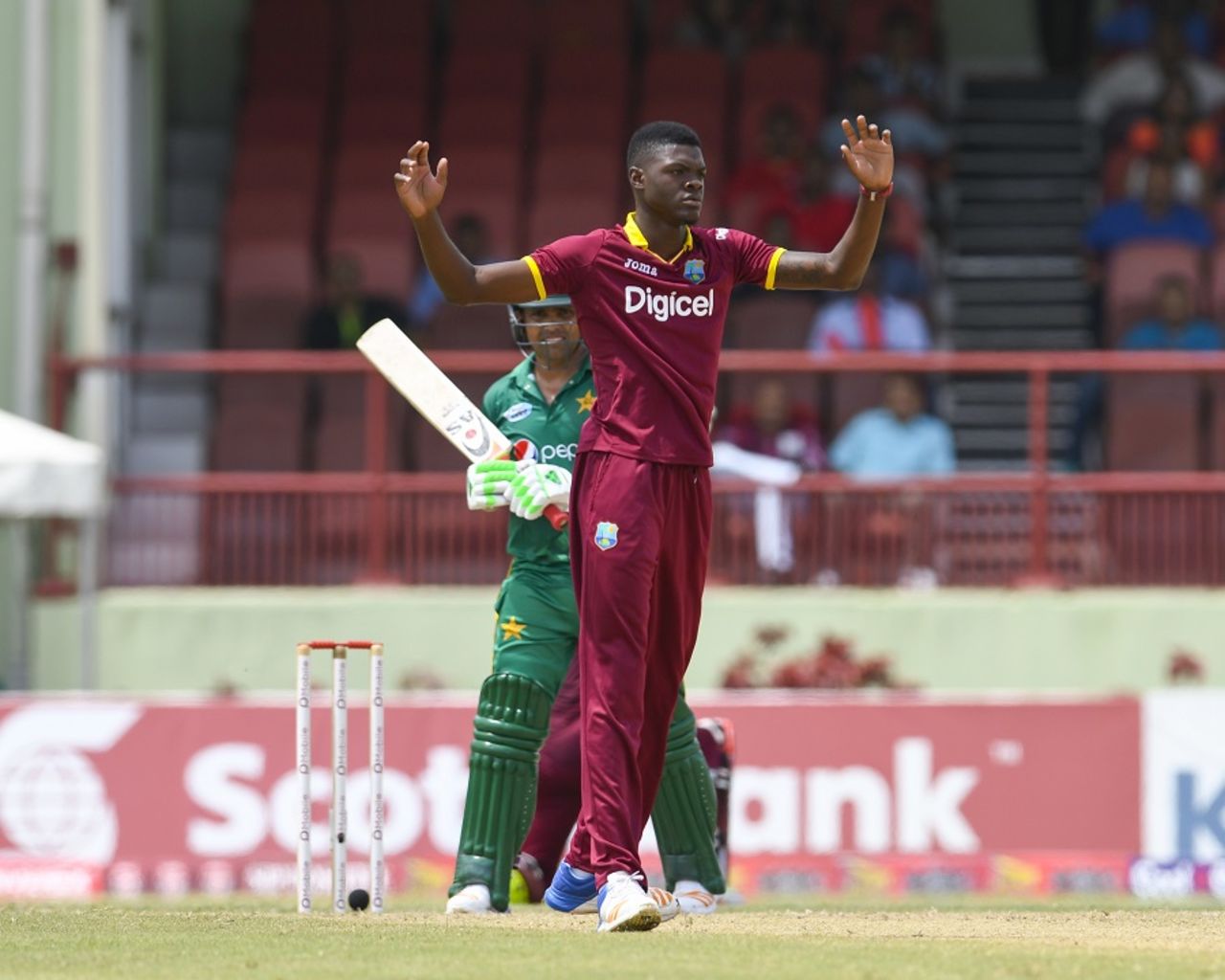 Alzarri Joseph appeals for Kamran Akmal's wicket, West Indies v Pakistan, 2nd ODI, Providence, April 9, 2017