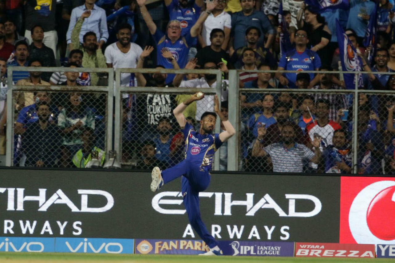 Hardik Pandya held his balance to dismiss Yusuf Pathan, Mumbai Indians v Kolkata Knight Riders, Mumbai, IPL, April 9, 2017