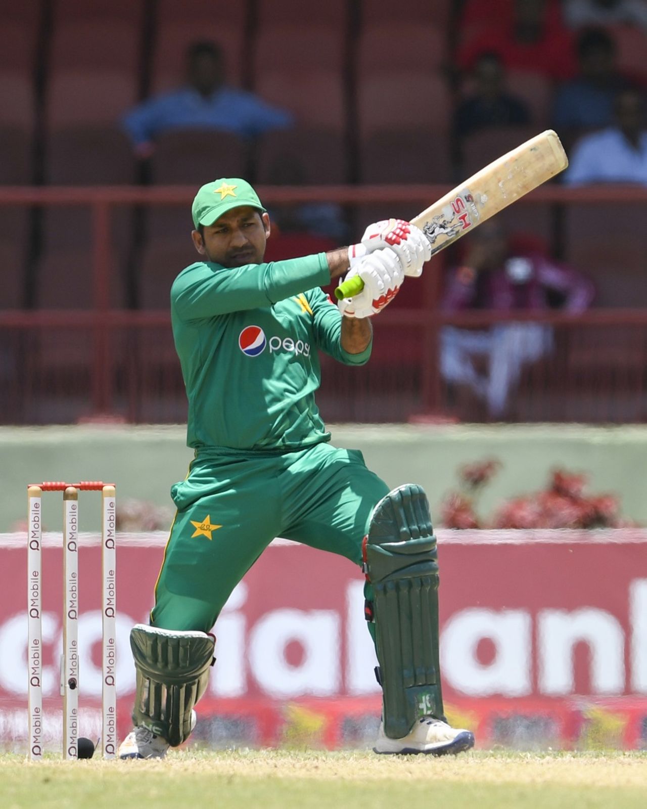 Sarfraz Ahmed muscles the ball for a four, West Indies v Pakistan, 2nd ODI, Providence, April 9, 2017