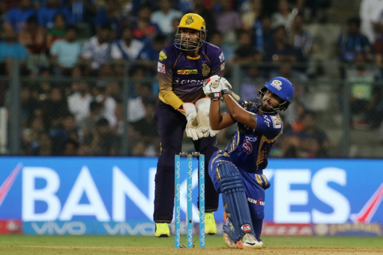 Nitish Rana heaves one over the leg side, Mumbai Indians v Kolkata Knight Riders, Mumbai, IPL, April 9, 2017