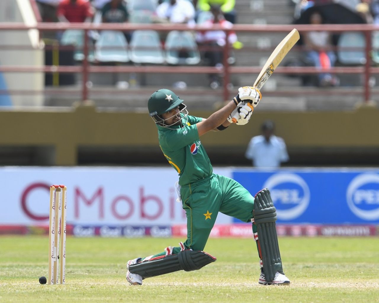 Babar Azam launches the ball for a six, West Indies v Pakistan, 2nd ODI, Providence, April 9, 2017
